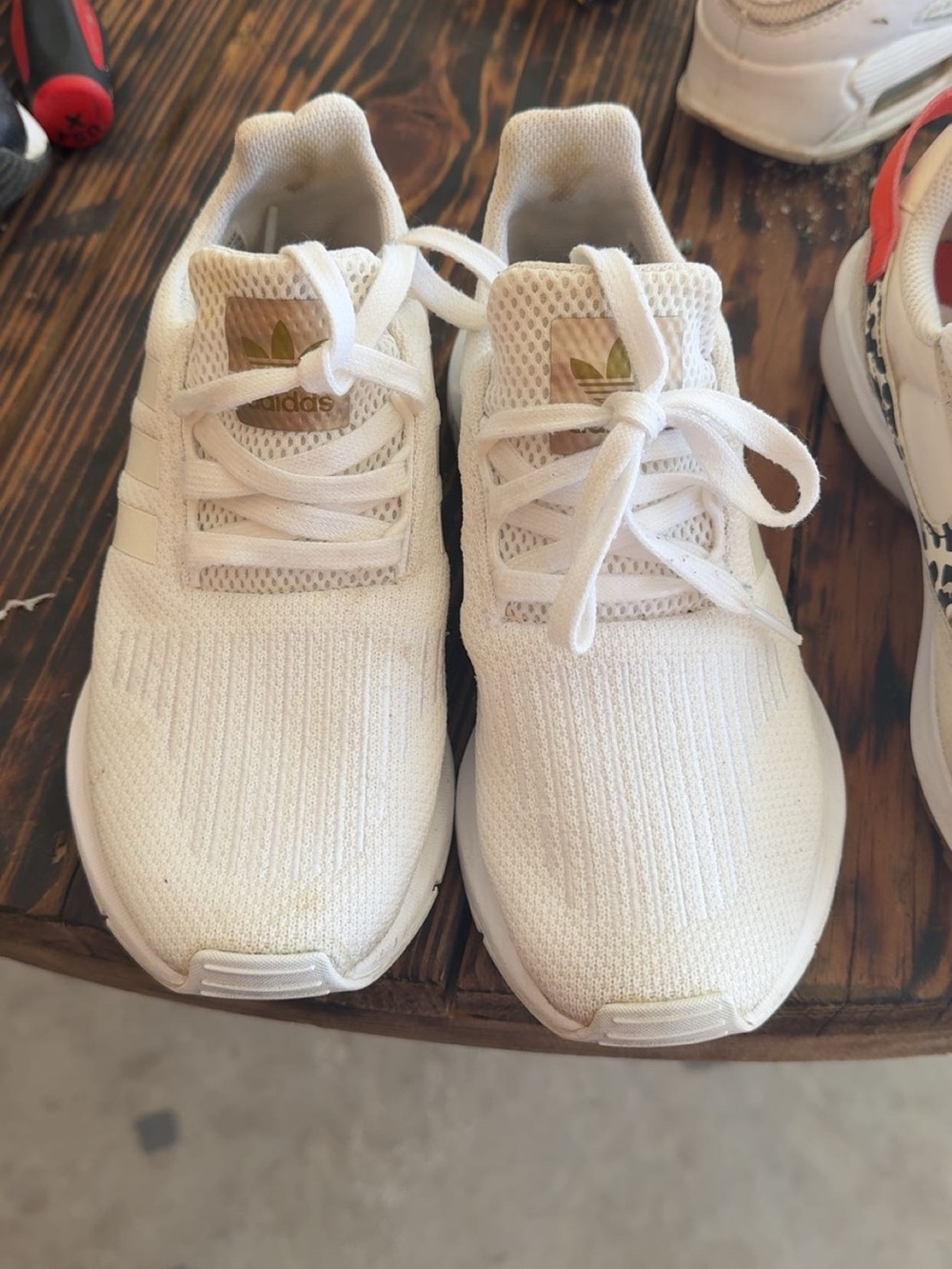 adidas White Knit Sneakers with Gold Trefoil Accents